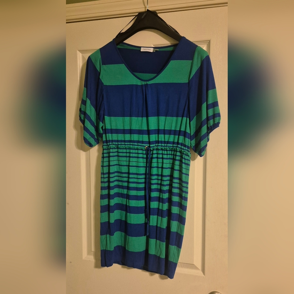 Calvin Klein Blue and Green Striped Mini Dress